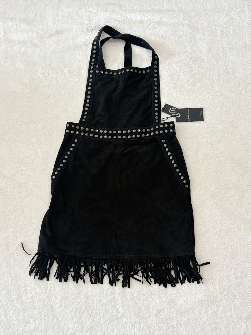 NWT Lucky Brand Studded Fringe Genuine Suede Pinafore Dress Black Western Size 2